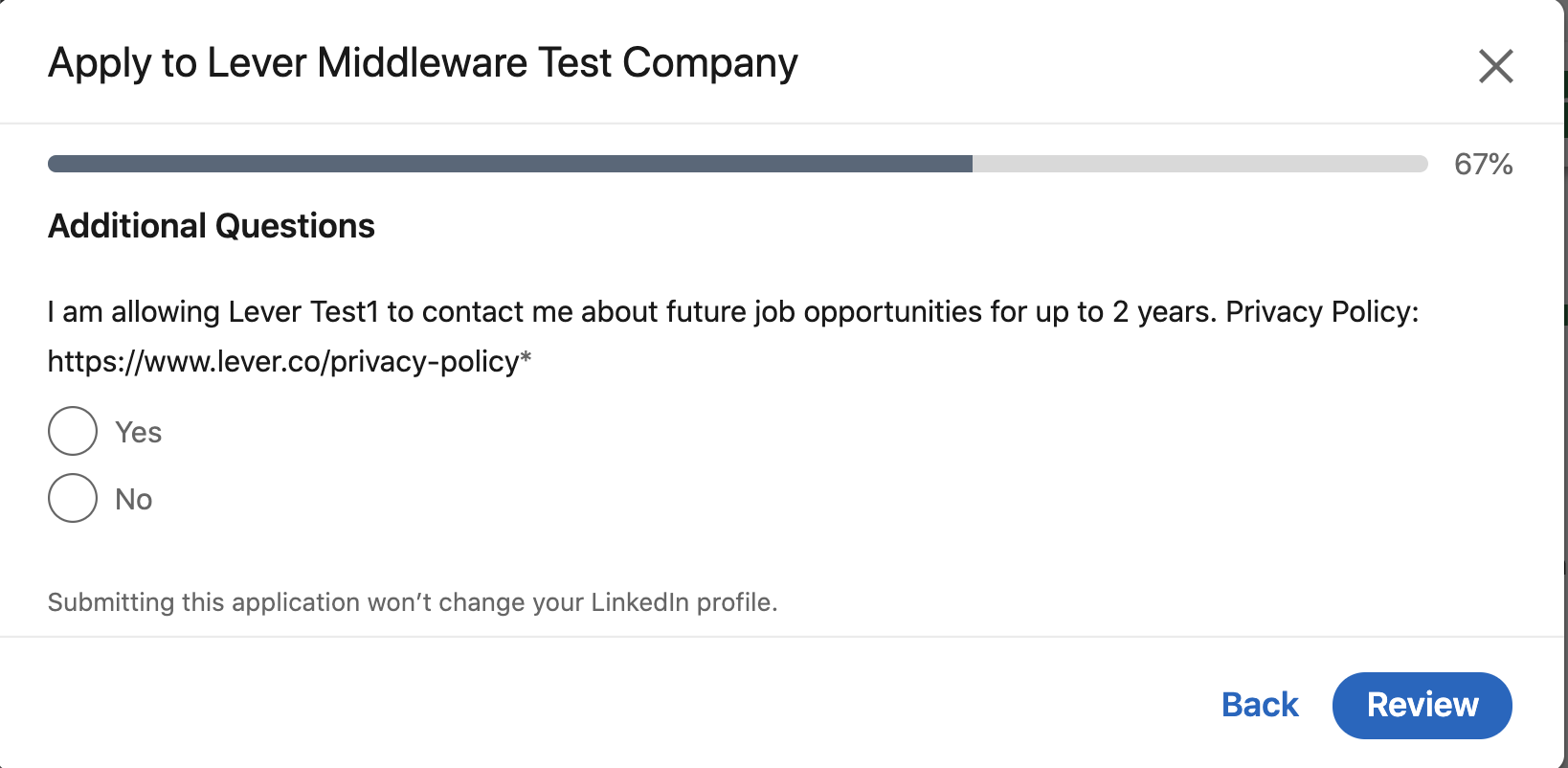 Candidate consent question in LinkedIn Apply application process.