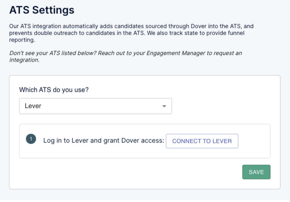 Dover platform ATS settings with Lever selected in dropdown and Connect to Lever button.