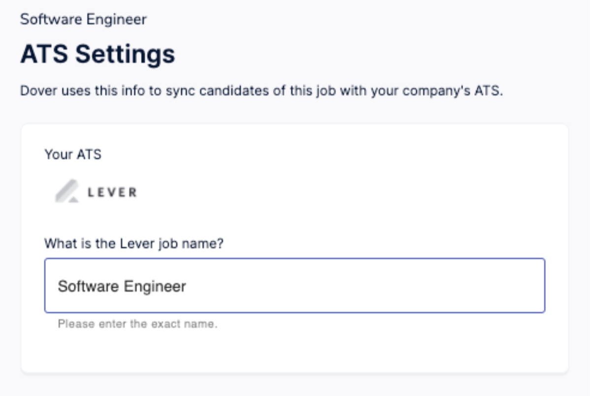 Dover platform ATS Settings modal with Lever job listing.