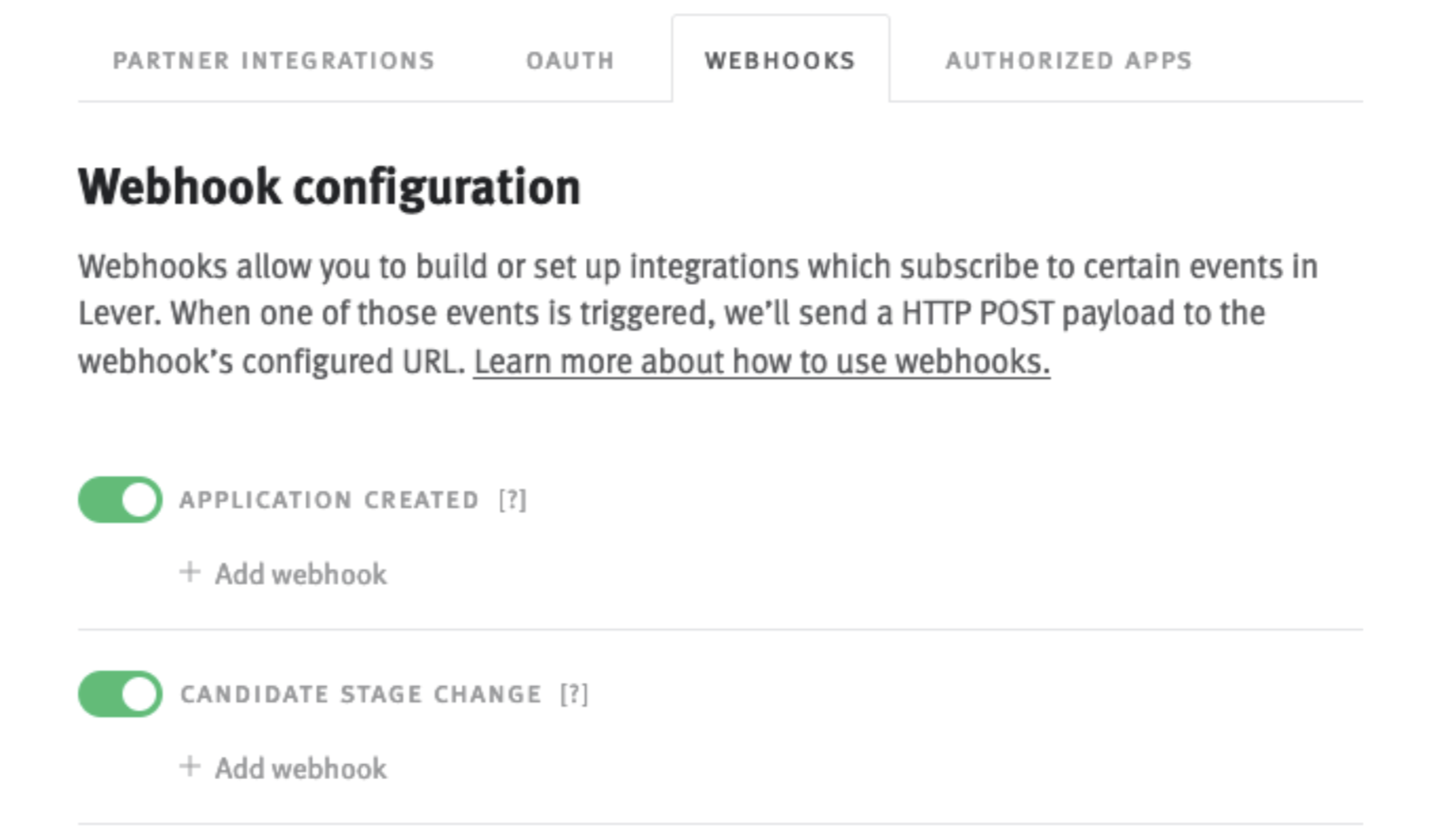 Lever webhook configuration tab with application created and candidate stage change toggles on