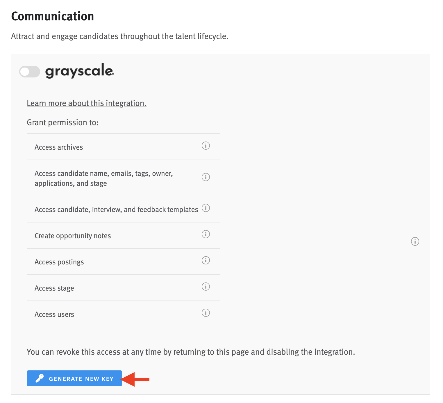 Grayscale tile on Integrations and API page with arrow pointing to Generate New Key button.