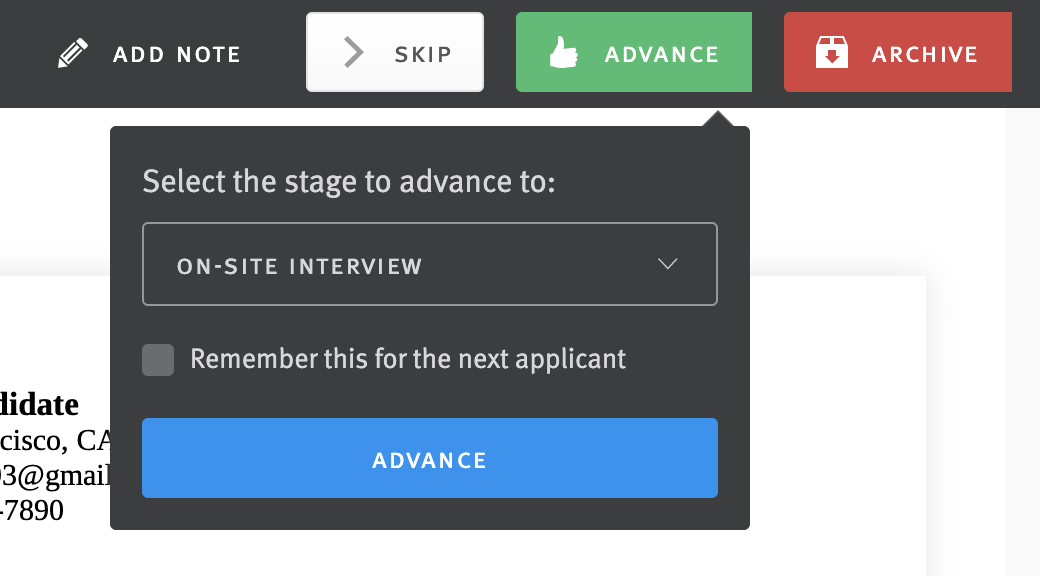 Close-up of Skip, Advance, and Archive buttons at the top of the Fast Resume Review editor.