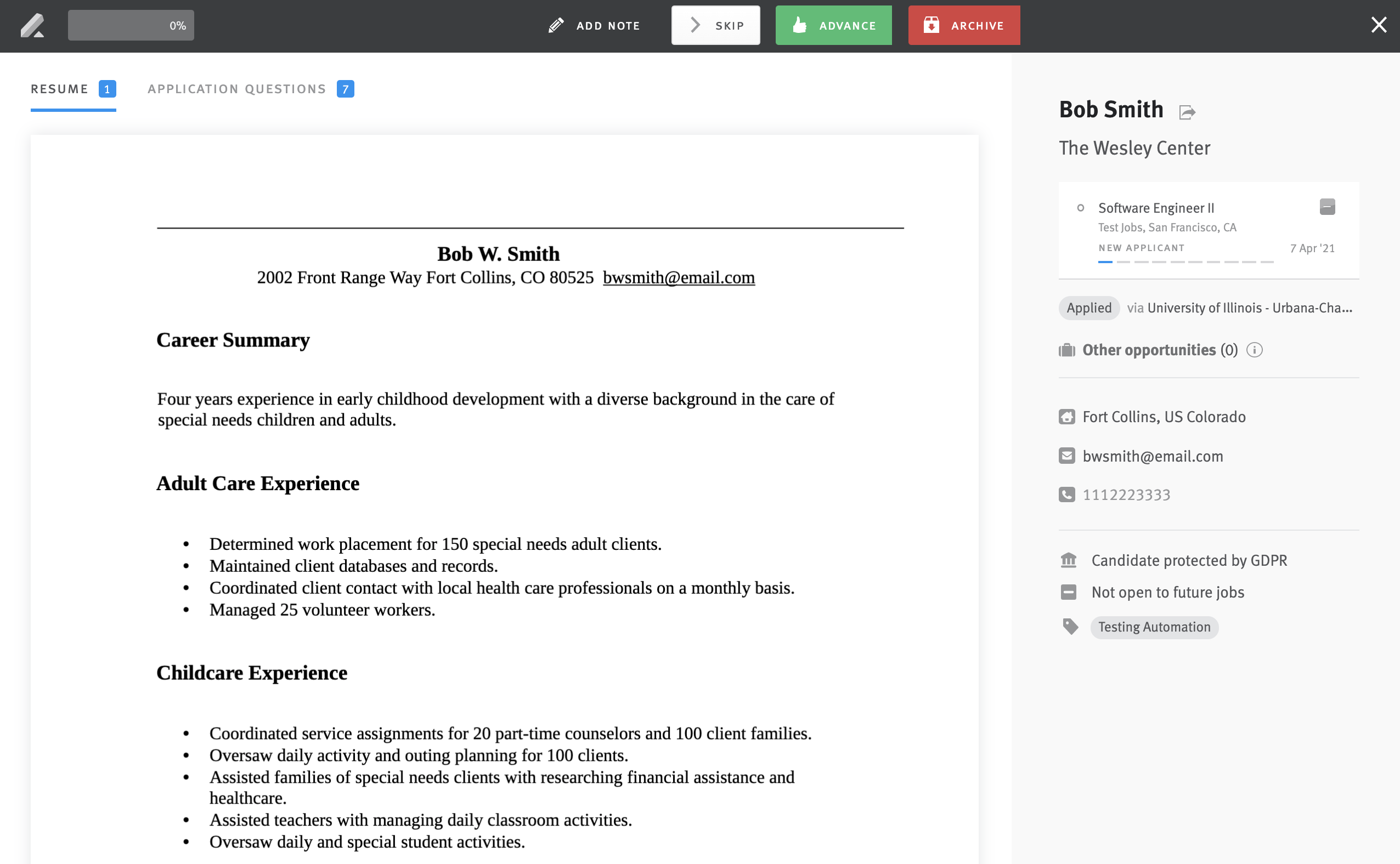 Fast Resume Review interface showing candidate's resume and opportunity details.