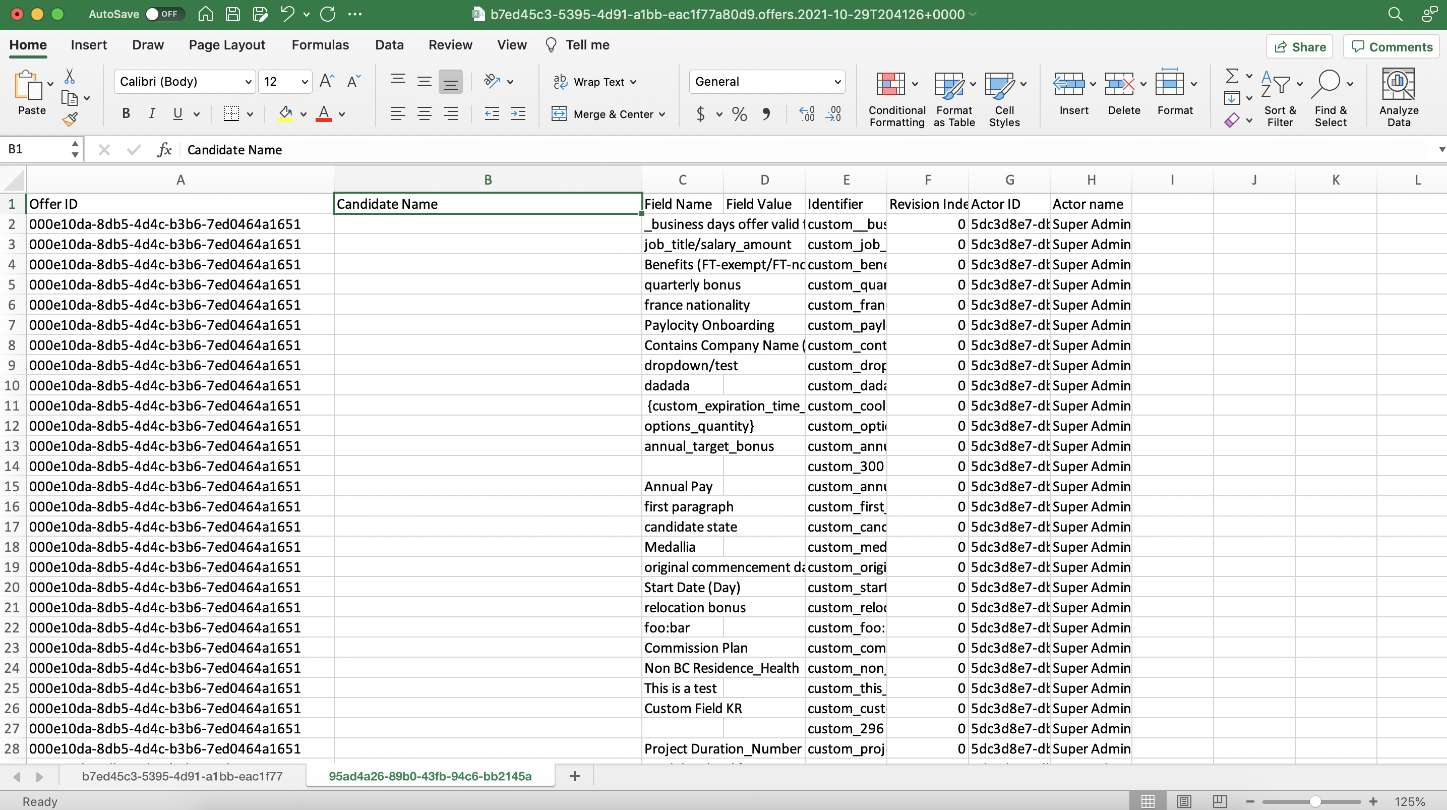 Offers custom fields spreadsheet with blank column B titled Candidate Name.