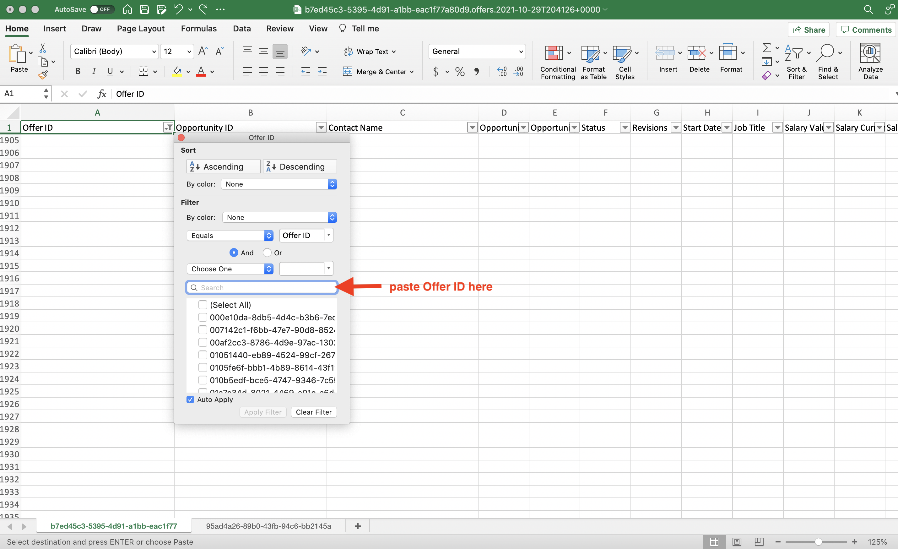 Filter menu expanded from cell A1 in Offers spreadsheet; arrow points to search field with instructions to paste Offer ID here.