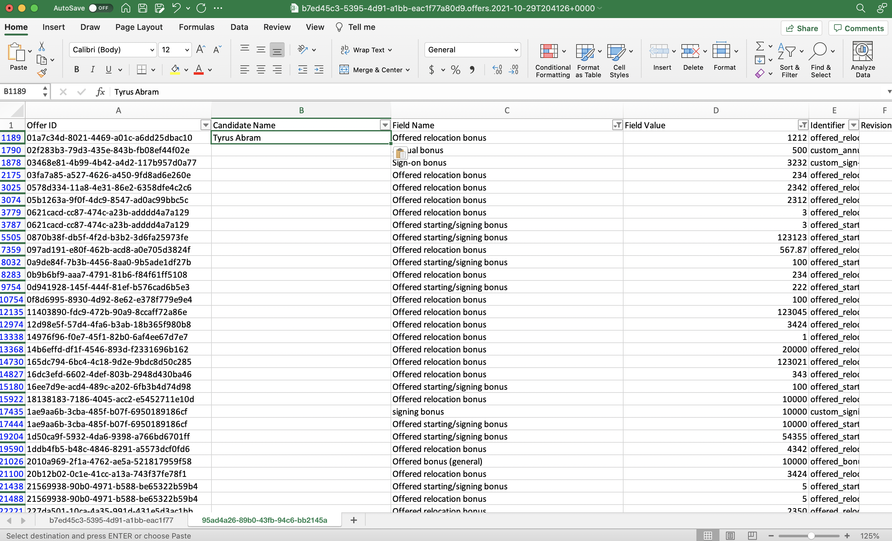 Contact name from previous image pasted into cell B1 on Offers custom fields spreadsheet.