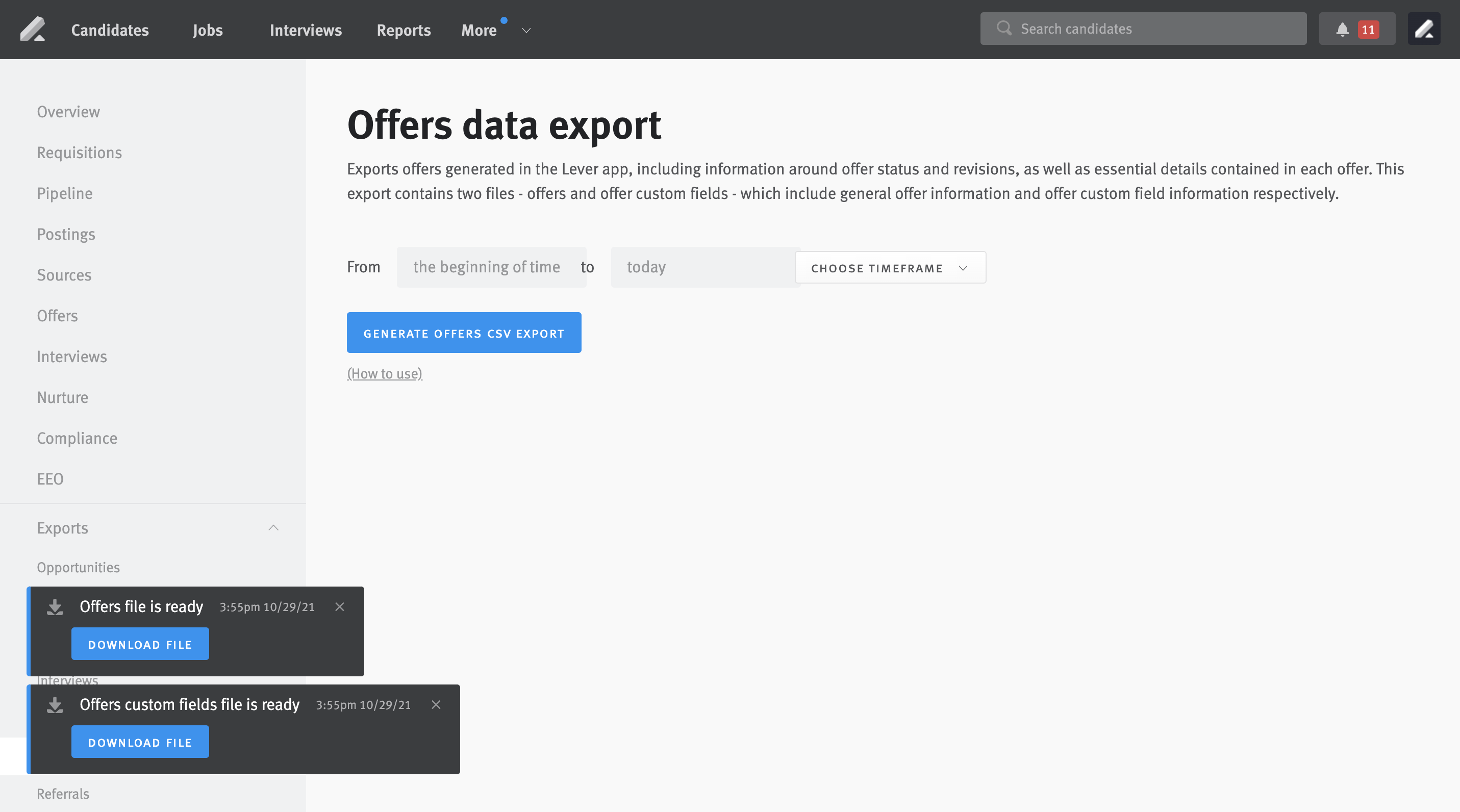 Offers data export page with pop-ups indicating the Offers file and Offers custom fields file is ready for download.