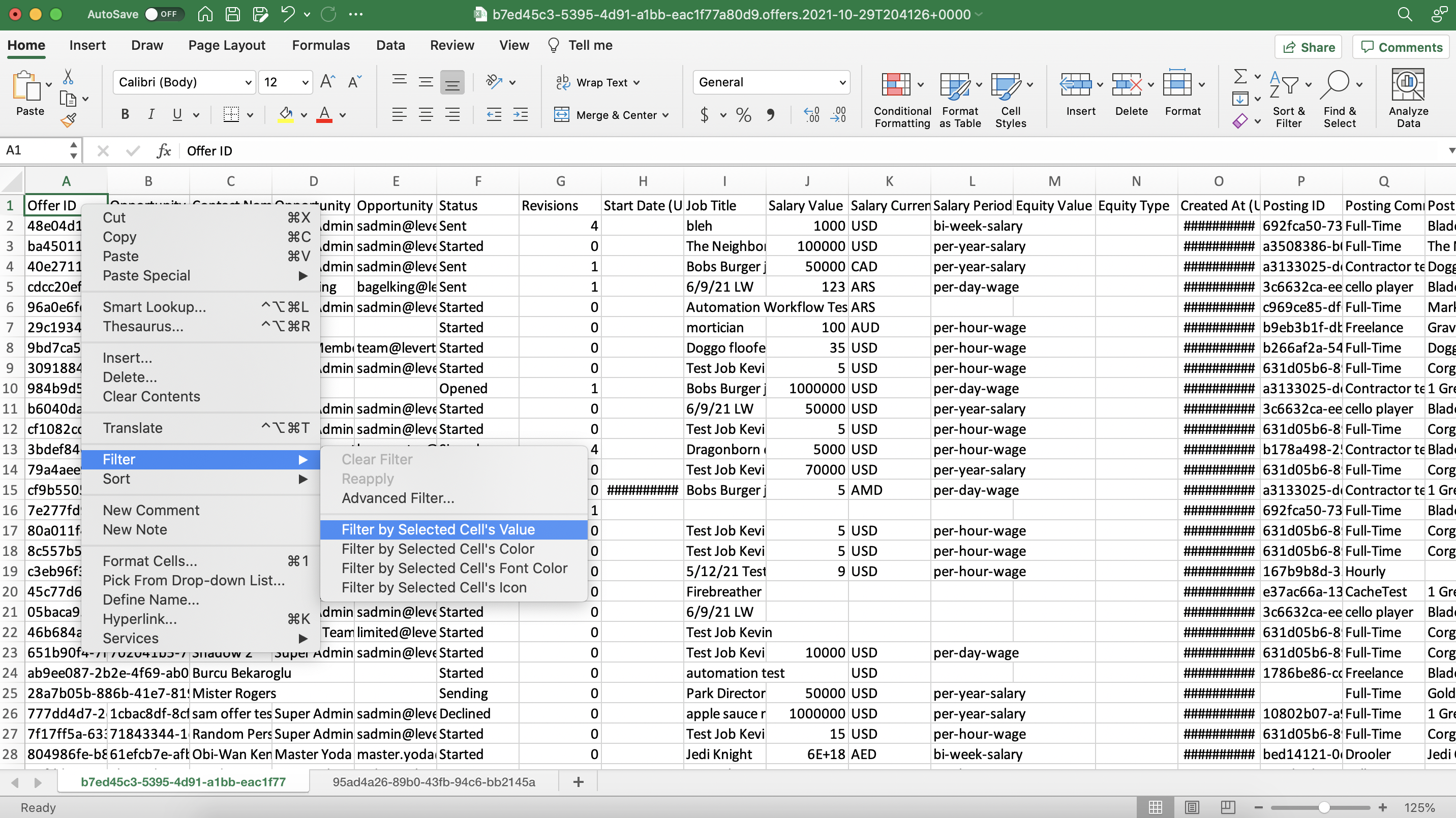 Menu expanded from cell A1 in Offers spreadsheet; Filter and Filter by Selected Cell's Value options are highlighted.