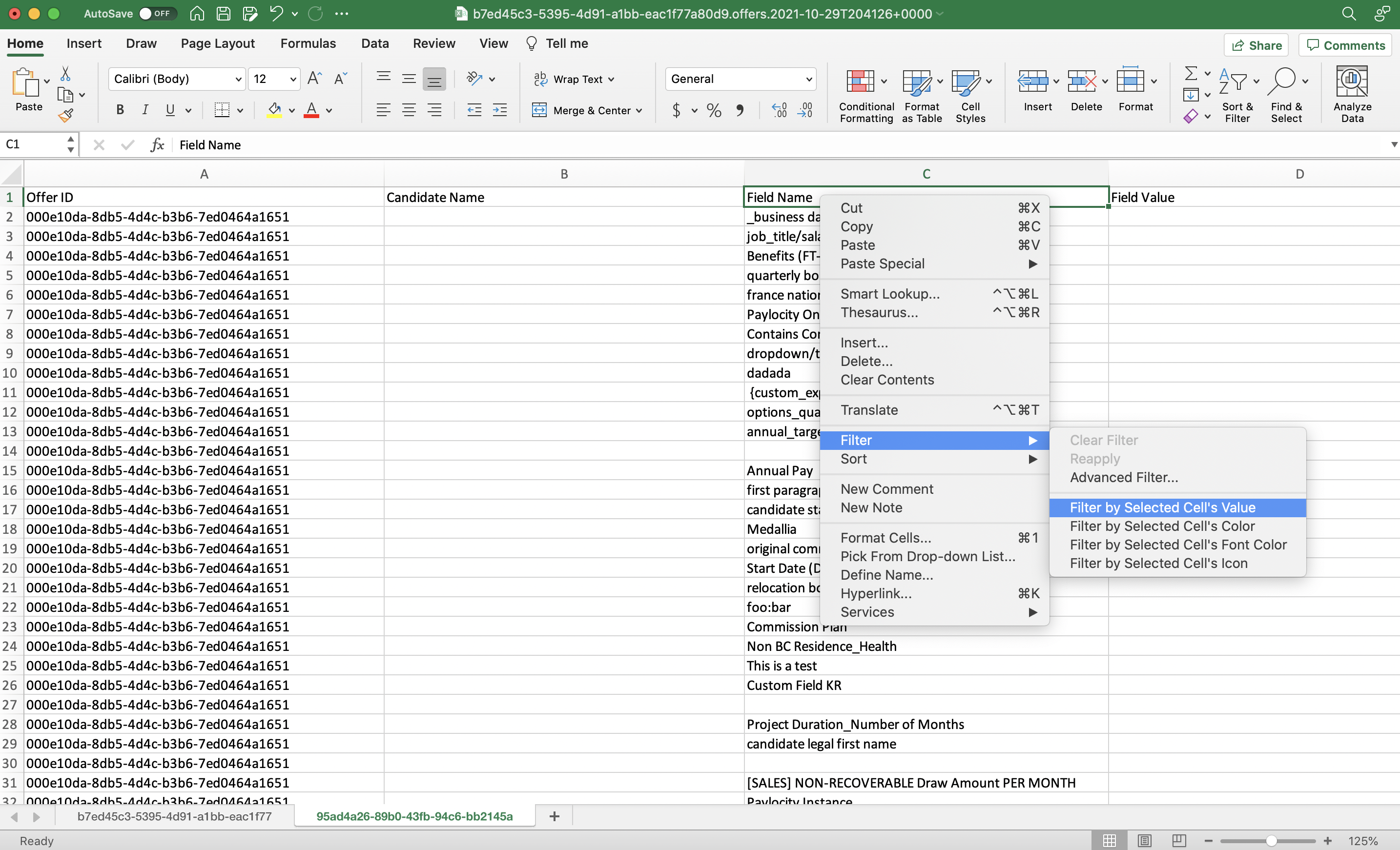 Menu expanded from cell C1 in Offers custom fields spreadsheet; Filter and Filter by Selected Cell's Value options are highlighted.