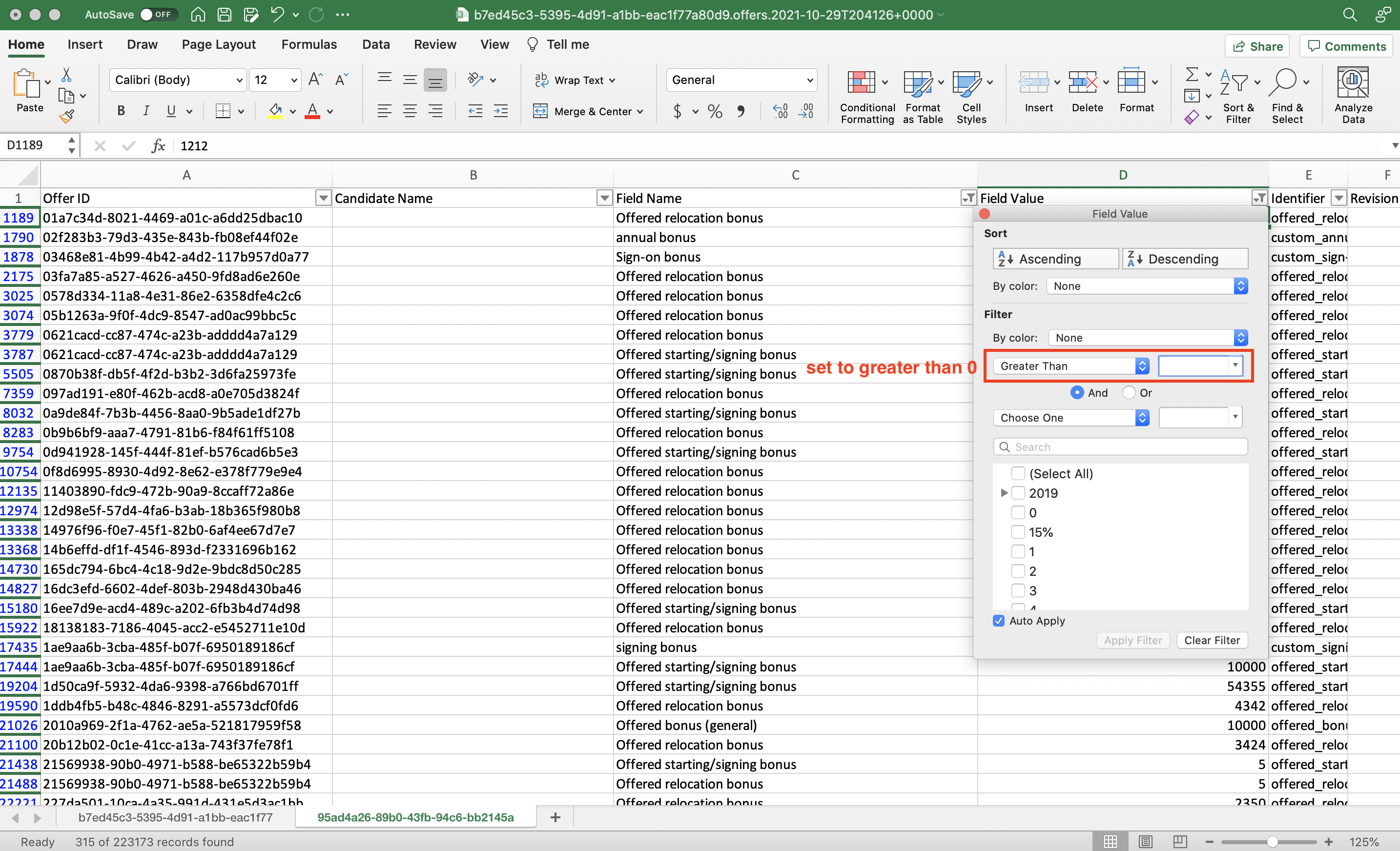 Filter menu expanded from cell D1 in Offers custom fields spreadsheet; fields to filter for values greater than zero are circled.