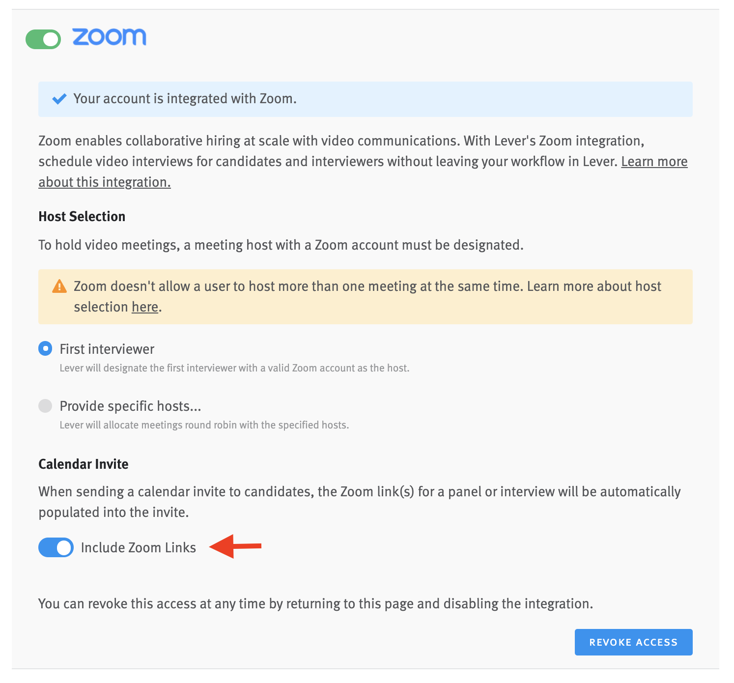 Active Zoom integration toggle with tile expanded to reveal Calendar Invite option with arrow pointing to active Include Zoom links toggle.