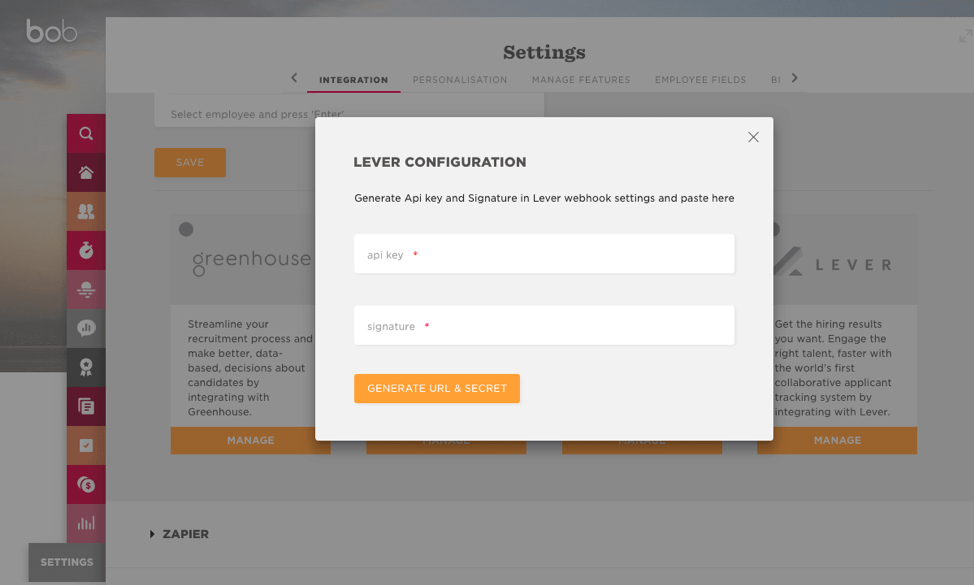 Lever configuration modal on bob Settings page with fields for API key and signature.