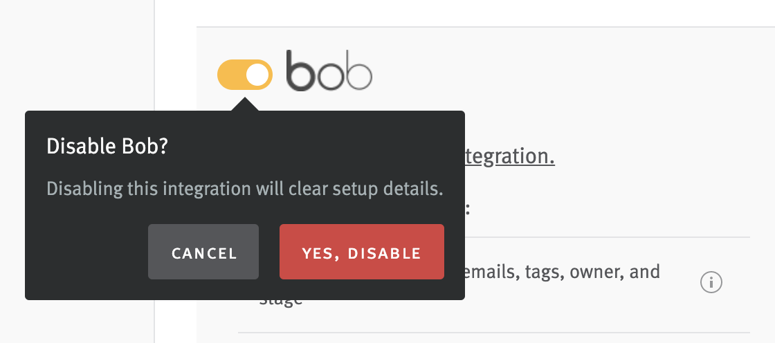 Pop-up extended from yellow bob toggle with button to disable.