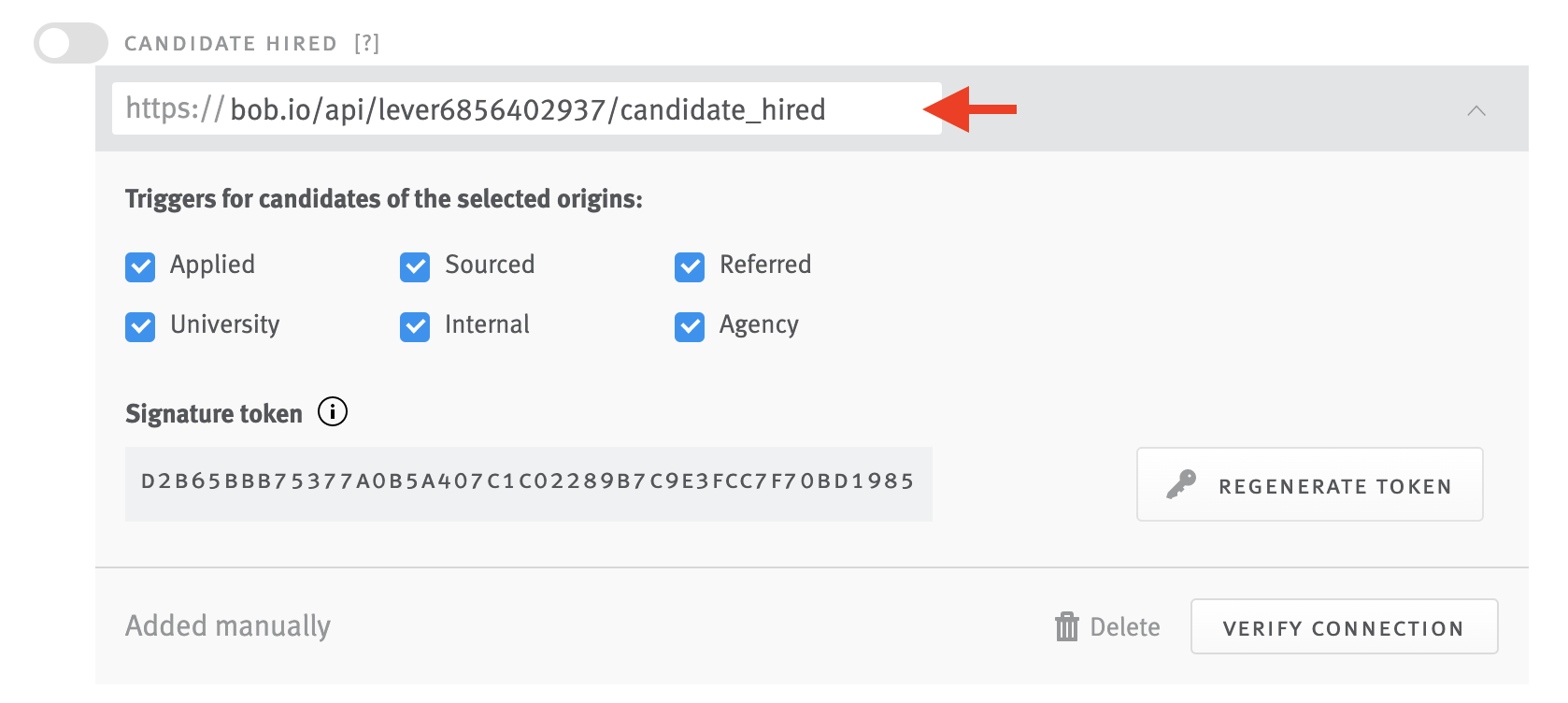 Tile expanded from Candidate Hired toggle with arrow pointing to pasted URL.