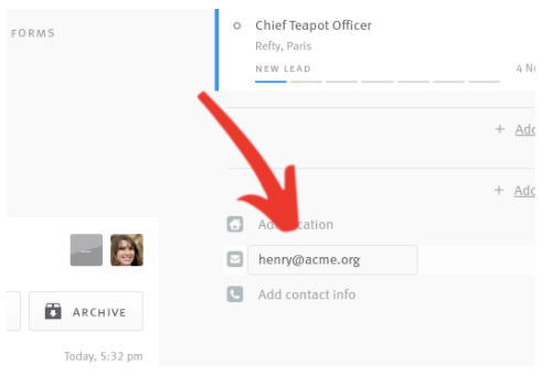 Lever candidate profile email address section with arrow pointing to email.