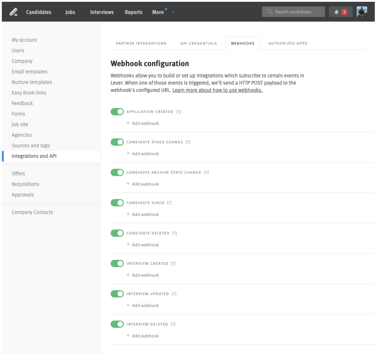 Lever platform integrations and API settings webhooks tab with all toggles on green.