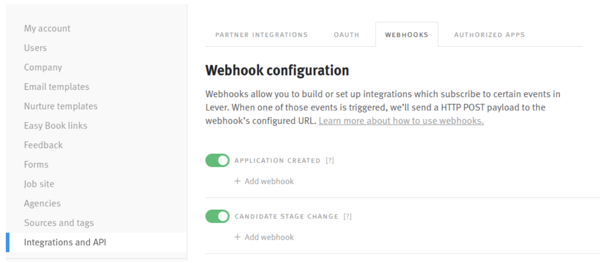 Lever webhook configuratiokn page with application created and candidate stage change toggles on green.