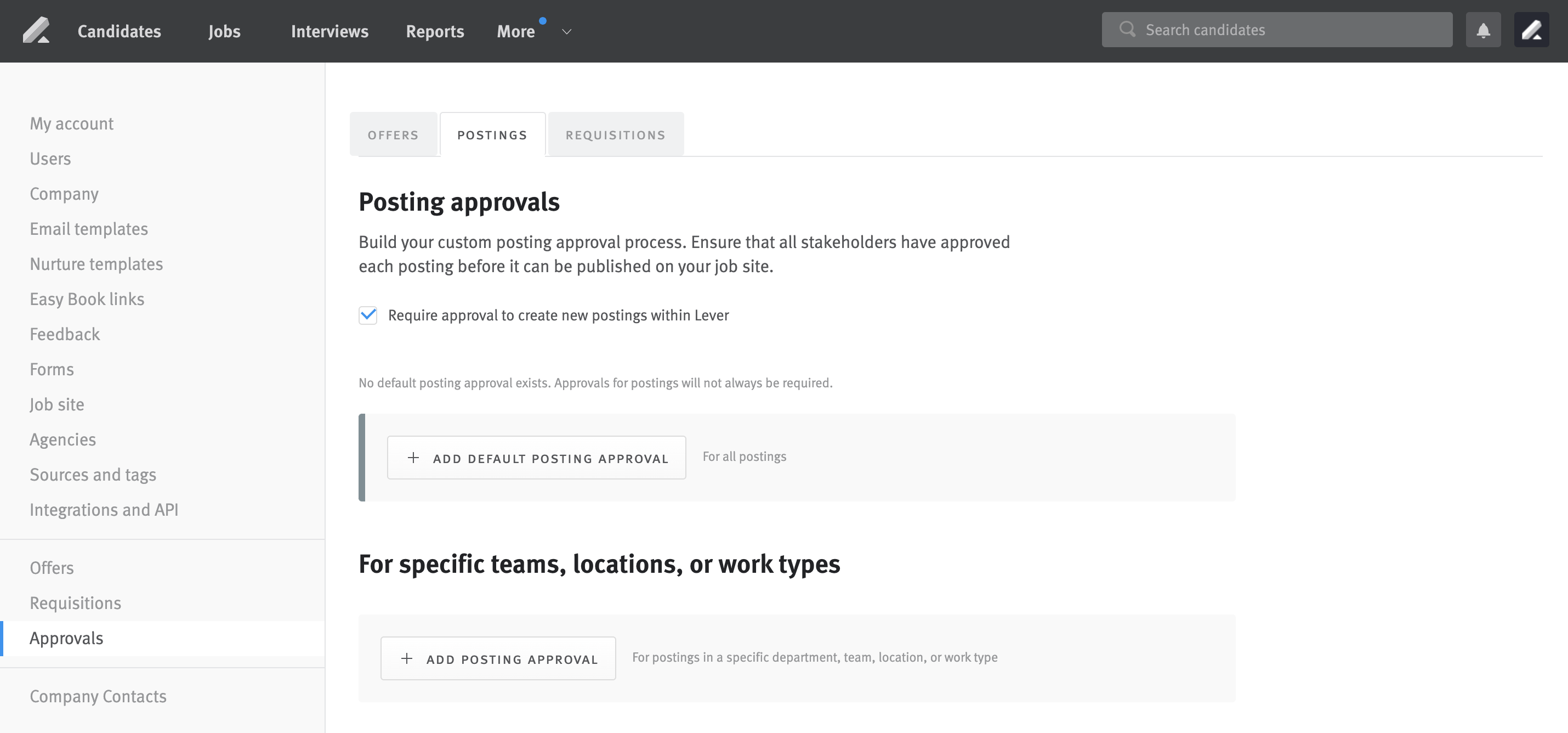 Postings page of Approvals section in Settings.