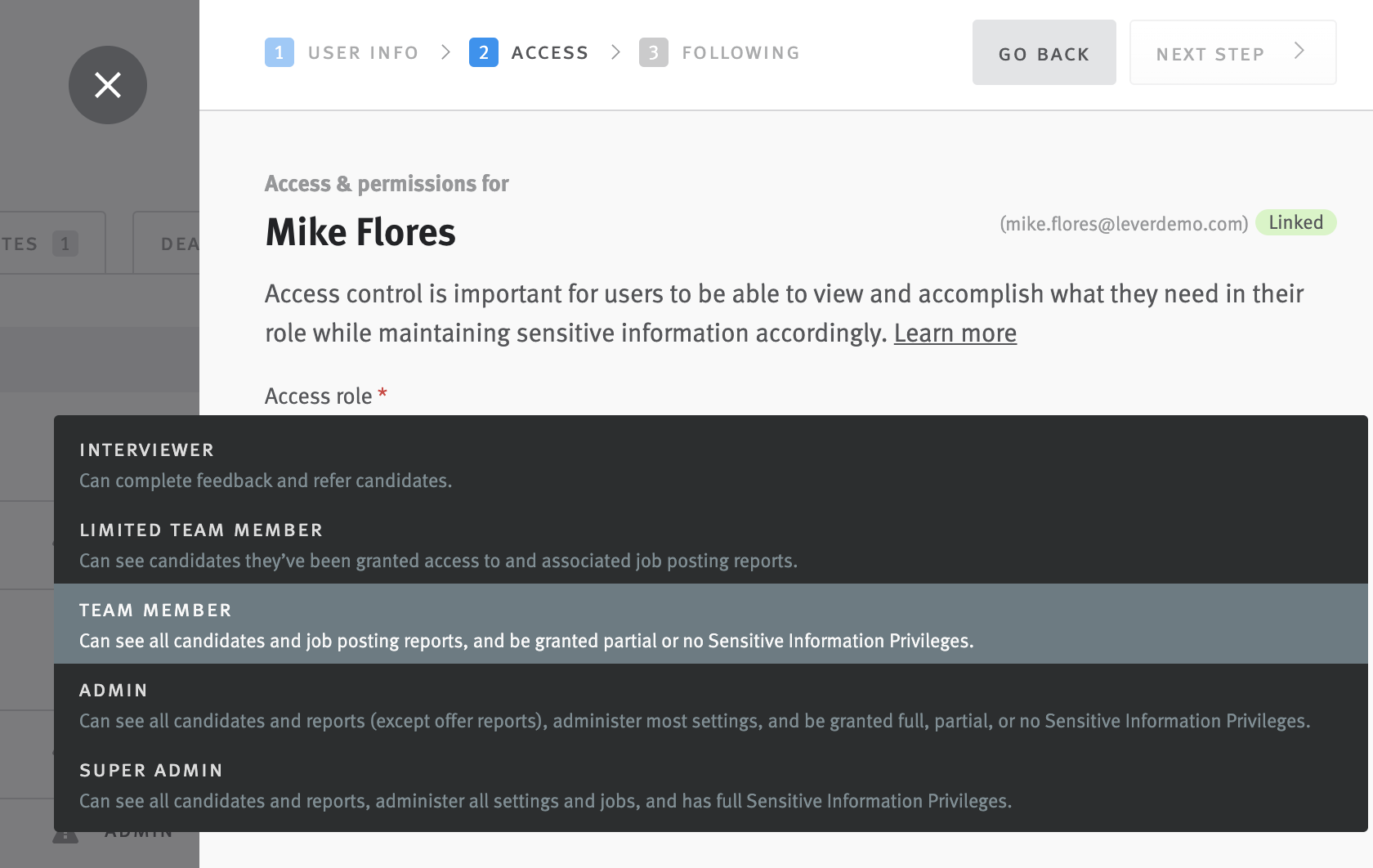 User profile editor with access level menu expanded; Team Member level of access is selected.