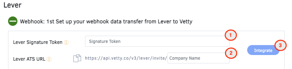Webhook fields on Lever card in Vetty, labelled numerically as described above.