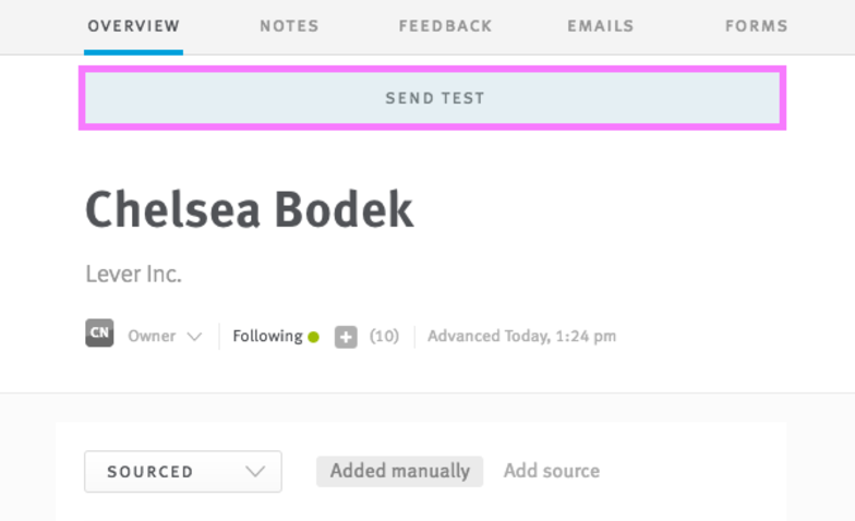 Send Test call to action banner circled at the top of candidate profile.