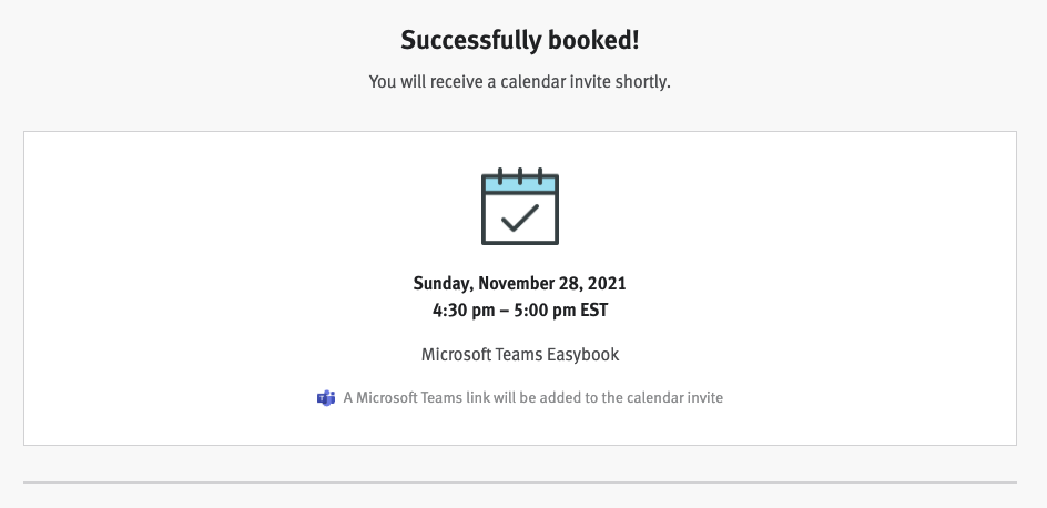 Confirmation message sent to candidate with note that Microsoft Teams link will be added to calendar invite.
