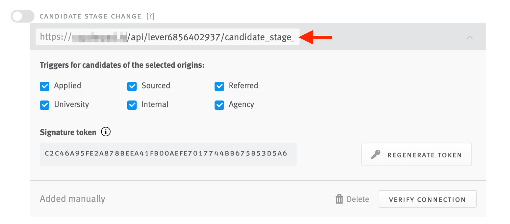 Candidate Stage Change tile on webhooks tab in Lever with Xref Webhook URL pasted into the URL field.