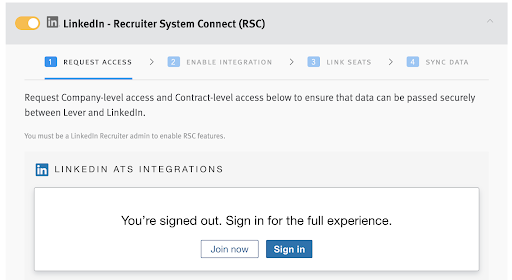 LinkedIn Recruiter System Connect integration toggle and tile in Lever with Sign in button.
