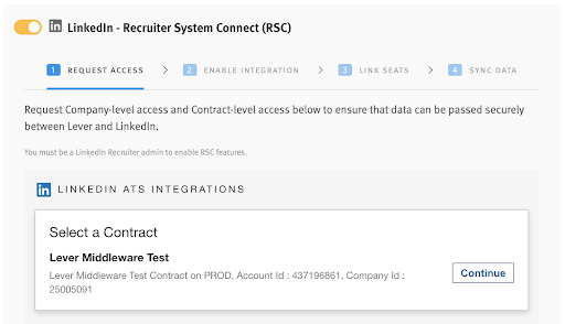 LinkedIn Recruiter System Connect integration toggle and tile in Lever with Contract list under LinkedIn ATS Integrations heading.
