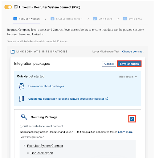 LinkedIn Recruiter System Connect integration toggle and tile in Lever with Sourcing package selected in Integrations packages listed and checkbox and Save changes button circled.