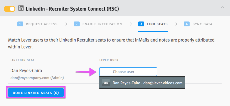 LinkedIn Recruiter System Connect integration toggle and tile in Lever with arrow pointing to Lever user field next to LinkedIn seat. Done Linking Seats button is also circled.