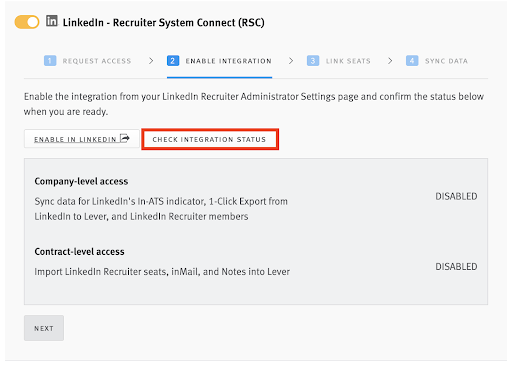 LinkedIn Recruiter System Connect integration toggle and tile in Lever with Check Integration Status button circled.