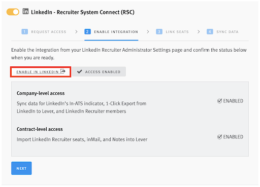 LinkedIn Recruiter System Connect integration toggle and tile in Lever with Enable in LinkedIn button circled. Company level access and contract level access are marked as enabled.