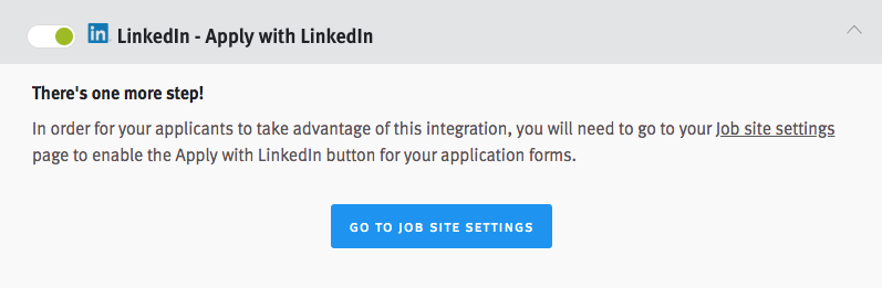 Apply with LinkedIn integration toggle and tile in Lever with Go to Job Site settings button.
