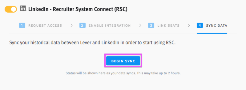 LinkedIn Recruiter System Connect integration toggle and tile in Lever with Begin Sync button circled.