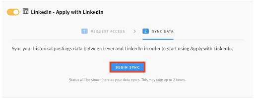 Apply with LinkedIn integration toggle and tile in Lever with Begin Sync button circled.