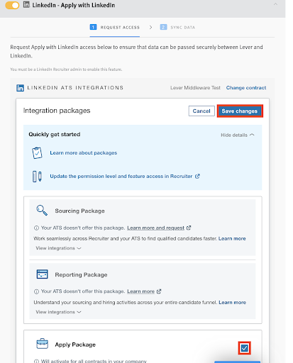 Apply with LinkedIn integration toggle and tile in Lever with Apply package selected in Integrations packages listed and checkbox and Save changes button circled.