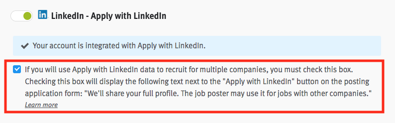 Apply with LinkedIn integration toggle and tile in Lever with selected checkbox circled. Text next to checkbox reads 'If you will use Apply with LinkedIn data to recruit for multiple companies, you must check this box.'