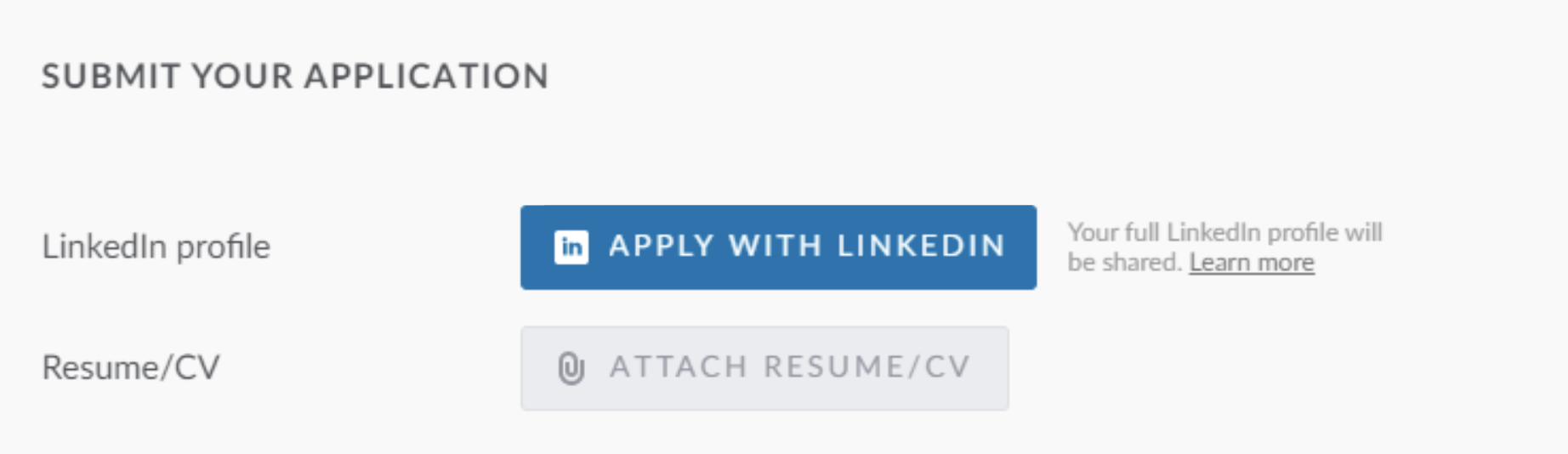 Close up candidate view of application with Apply with LinkedIn button in LinkedIn profile field. Text next to button reads 'Your full LinkedIn profile will be shared.'