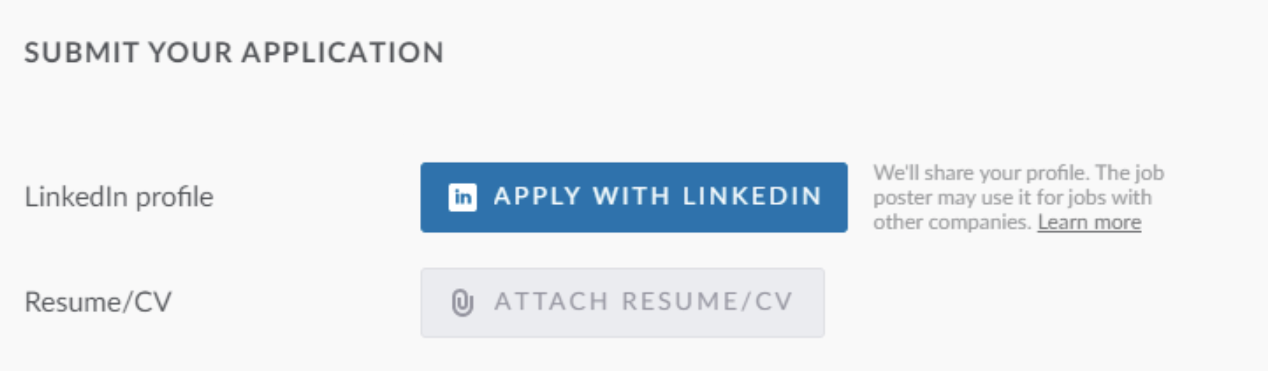 Close up candidate view of application with Apply with LinkedIn button in LinkedIn profile field. Text next to button reads 'We'll share your profile. The job poster may use it for jobs with other companies.'