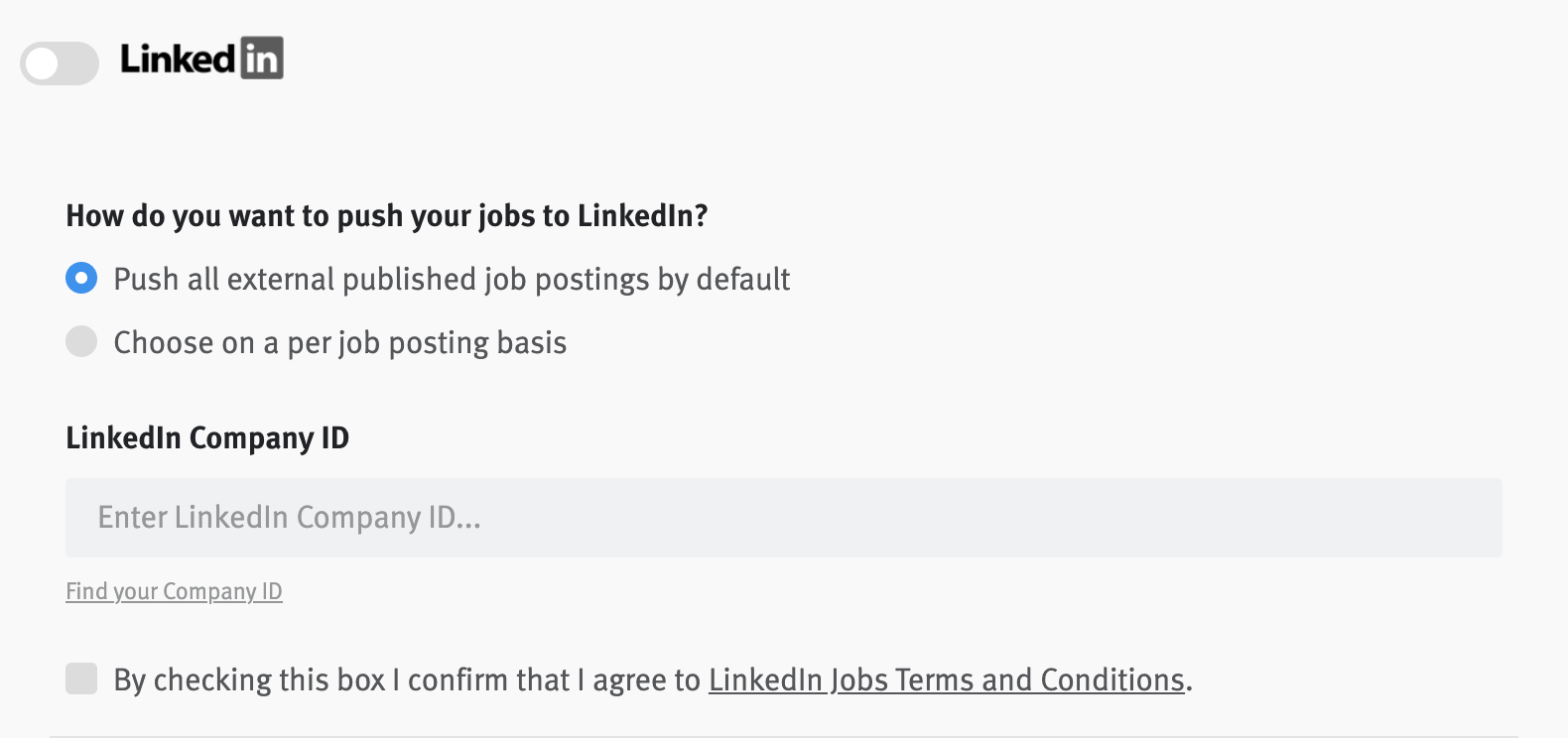 LinkedIn job board integration toggle and tile in Lever Settings.