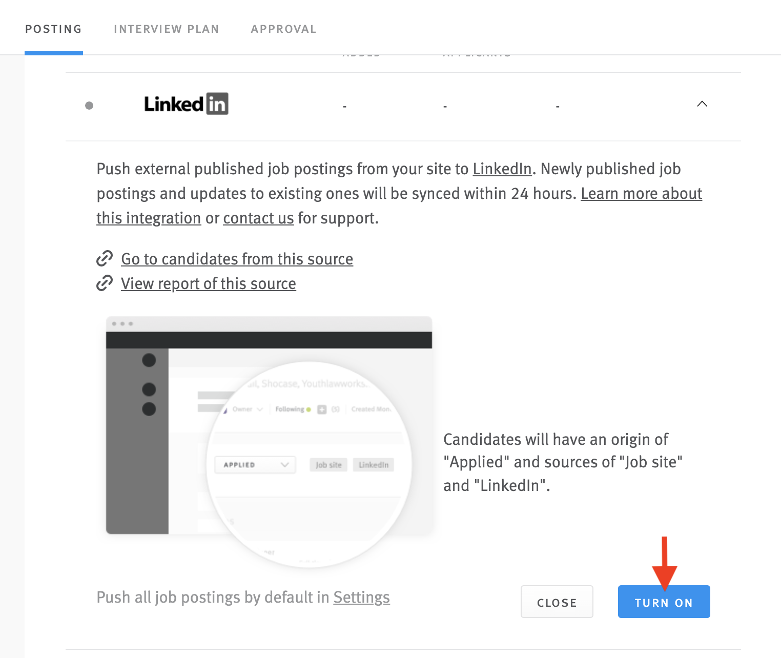 LinkedIn option in Job board section of job posting with arrow pointing to button labelled turn on.