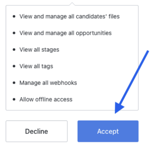 List of permissions with arrow pointing to blue accept button
