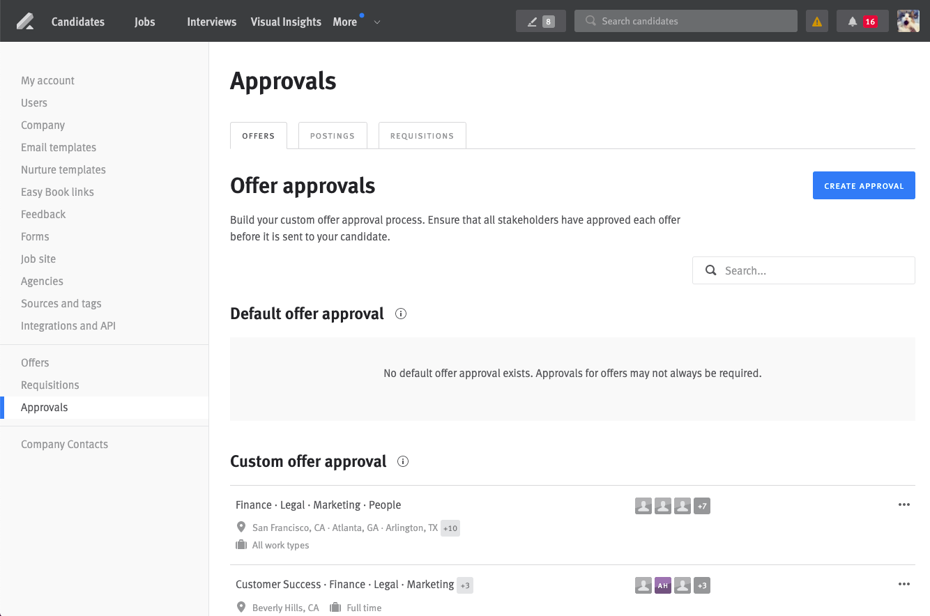 Approvals section of Lever Settings, Offers tab selected