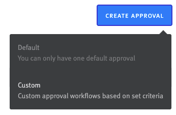 Close-up of Create Approval button with menu containing Default and Customs options. Default option is greyed out.