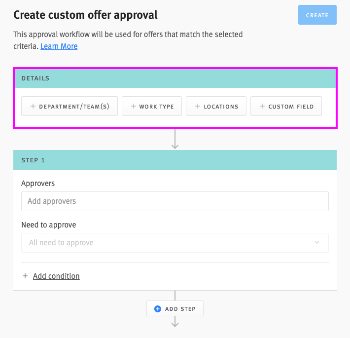 Custom offer approval editor with details block circled.