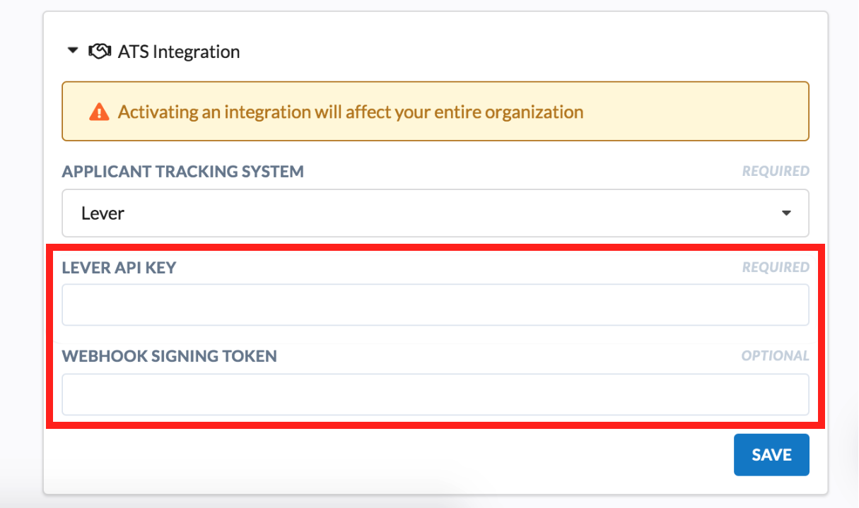 ATS Integration tile on Grayscale settings page with Lever API key field circled.