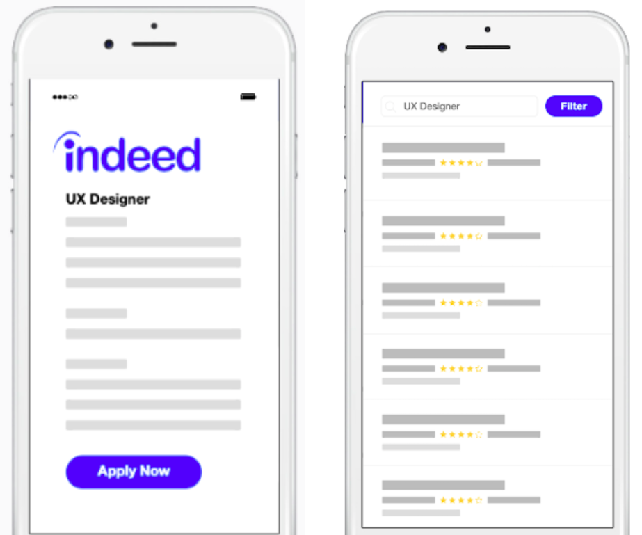 Designs of Indeed mobile app on a smartphone.