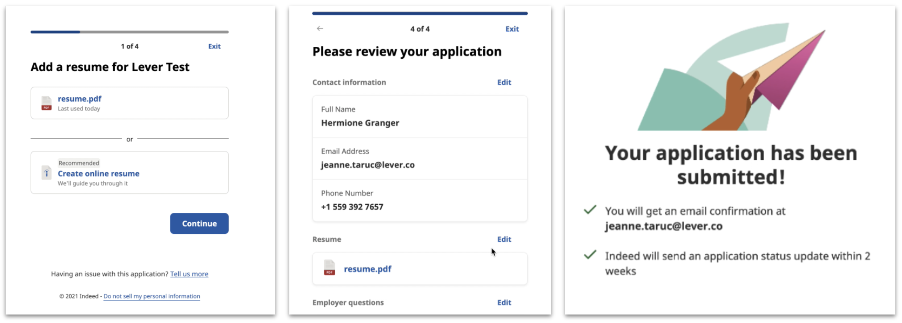 Frames of the various stages in the application process in Indeed; resume upload, application review, and confirmation of submitted application.
