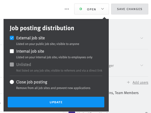 Posting distribution menu in Lever posting editor. External job site option is selected.